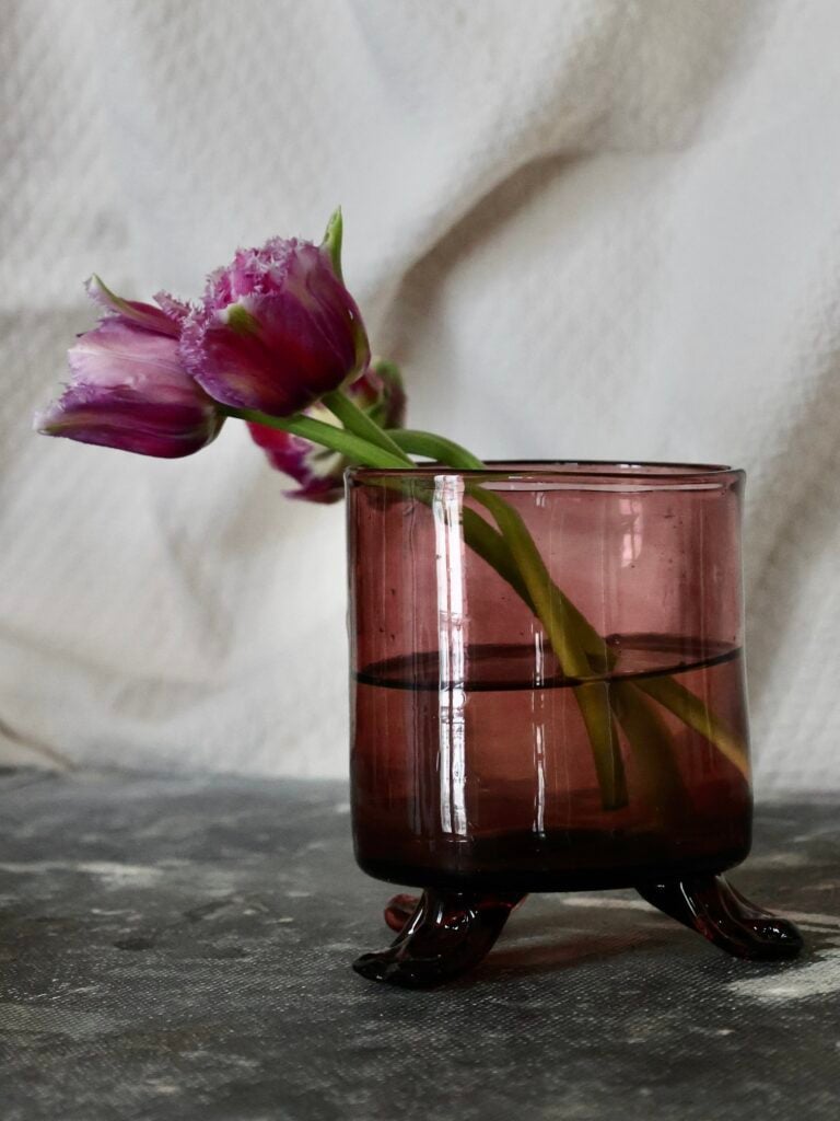 footed-hurricane-vase-framboise-at home-mouth-blown-recycled-glass